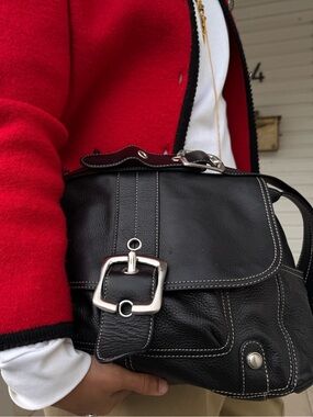 Black Leather Buckle Satchel Shoulder Bag